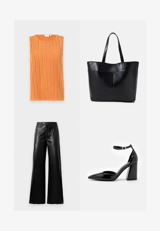 Top arancione senza maniche con un motivo a maglia aperta e testurizzata, dal colletto rotondo. Il materiale sembra leggero e traspirante.; Pantaloni ampi a vita alta in ecopelle neri con bottone frontale, chiusura con zip, passanti per cintura e tasche laterali su sfondo bianco.; Scarpa con tacco alto in pelle verniciata nera, punta affusolata, cinturino alla caviglia e tacco largo per maggiore stabilità, caratterizzata da una superficie liscia e lucida.; Borsa a tracolla in pelle nera con due manici lunghi, una texture liscia e una forma strutturata. Presenta una tasca frontale per ulteriore spazio di archiviazione.