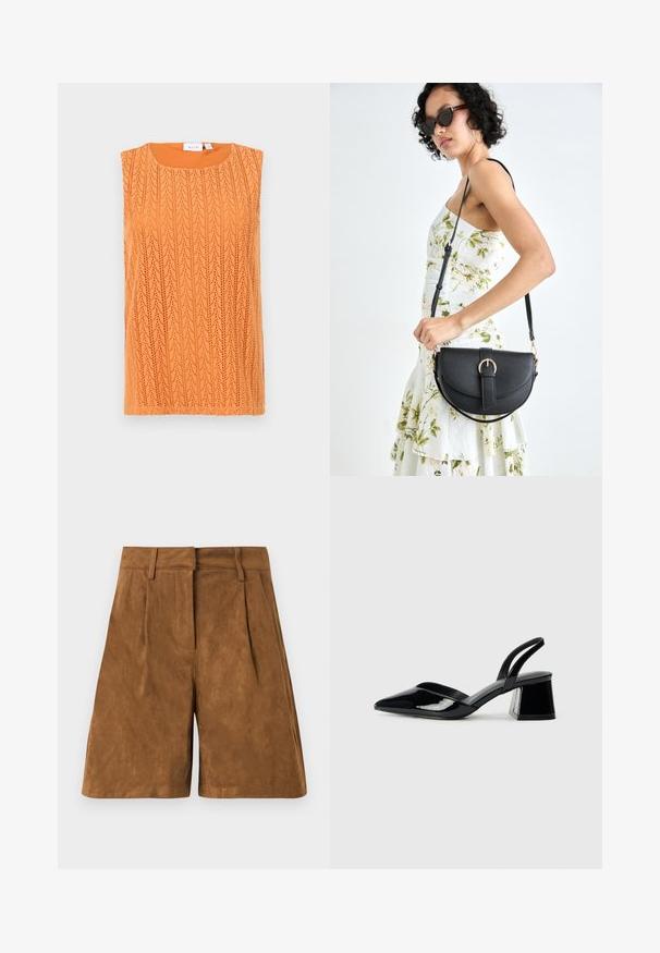 Bezrukávový oranžový top s textúrovaným, otvoreným pletením a okrúhlym výstrihom. Materiál vyzerá ľahko a priedušne.; Hnedé semišové šortky s hladkým povrchom, s prednými sklady, plochým pásom a rovnými nohavicami.; Čierne lakované kožené sandálové podpätky s špicatou špičkou a geometrickým blokovým podpätkom. Disponujú elegantným, minimalistickým dizajnom a hladkým povrchom.; Čierna kožená kabelka s zaobleným tvarom, odnímateľným popruhom a zlatými doplnkami. Kabelka má klopu s detailom s prackou.