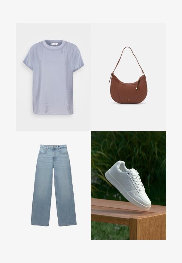 Ljusblå kortärmad T-shirt i ett mjukt, något glänsande tyg. Har rund halsringning och en avslappnad, boxig form. Minimalistisk design.; Ljusblå vida jeans i bomullsdenim, med fem fickor, knappknäppning fram och minimal frans längs fållen.; Vita sneakers med en slät syntetisk ovandel, perforerat tåparti, platta snören och en strukturerad sula, placerade på en träyta.; Brun faux läder axelväska med rundad form, minimal sömnad och detaljer i guldfärgad hårdvara. Har en övre dragkedjestängning och justerbar rem.; Guldörhängen i form av ringar med en texturerad, oregelbunden form. Har en sömlös stängning och en polerad yta som betonar en modern design.