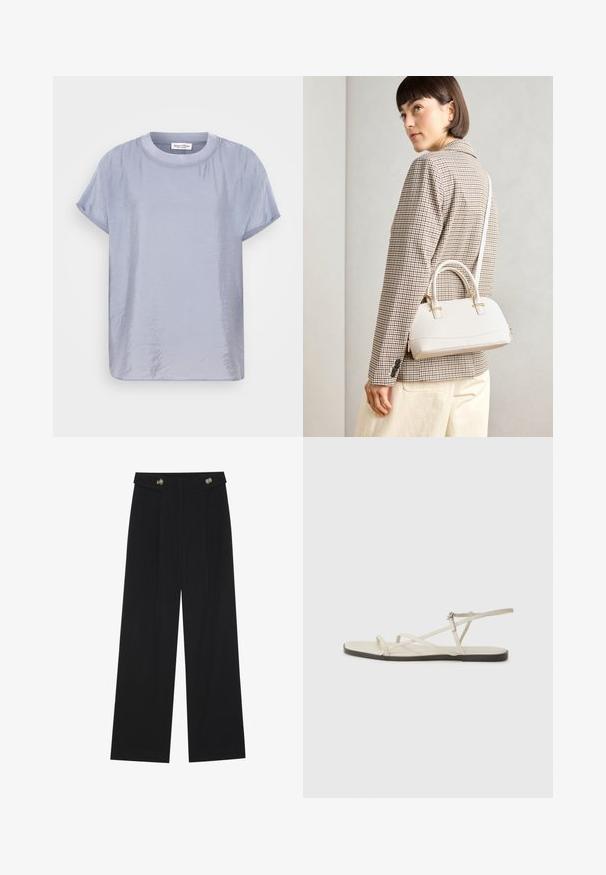 Gaiši zils īsajiem piedurknēm T-krekls no gludas, nedaudz spīdīgas auduma. Iezīmē kruzu kaklu un brīvu, kvadrātveida formu. Minimālistisks dizains.; Melnas platās bikses ar augstu jostasvietu, pogu detaļām uz jostas un priekšējām krokām.; Bežīgas plakanas čības ar vairākiem plāniem siksniņām un regulējamu sprādzi. Zole ir plakana ar nelielu tumšu kontrastu malā.; Balta strukturēta roku soma ar īsām rokturiem un plecu siksnu, ar zelta aparatūras akcentiem un strukturētu materiālu, izstādīta uz pelēka fona.