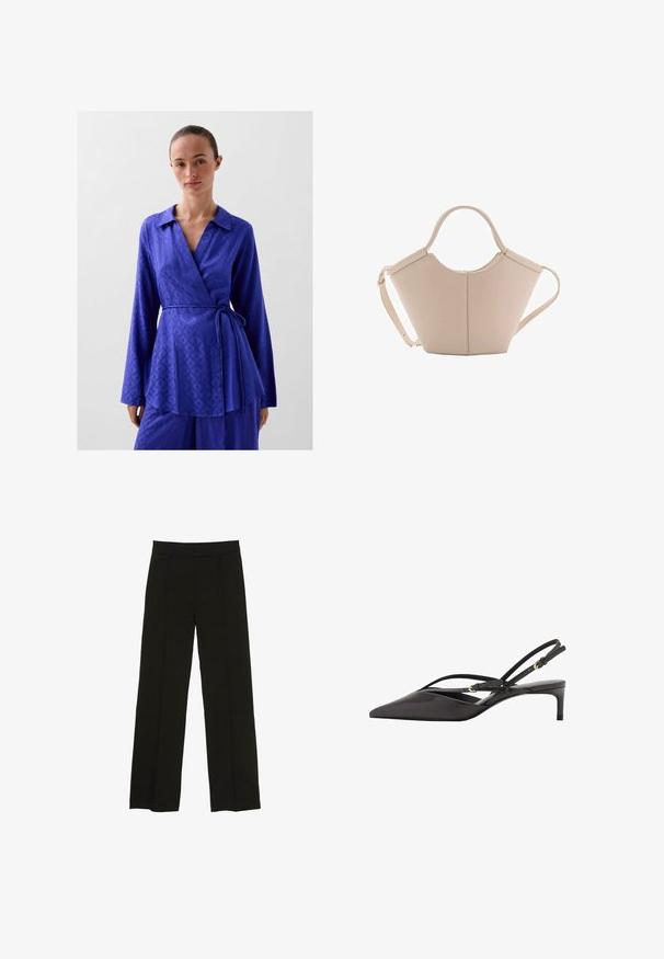 Top in levendig koninklijk blauw, met een kraag, lange mouwen en een verstelbare strik in de taille; gemaakt van een gladde, gestructureerde stof.; Zwarte wijde pantalon gemaakt van een soepele stof, met een aansluitende tailleband en subtiele plooien aan de voorkant voor extra textuur.; Zwarte leren slingback pump met een spitse neus, slanke enkelbandjes en een lage stilettohak. Gladde textuur met een minimalistisch ontwerp.; Beige leren handtas met een unieke vorm, voorzien van twee korte handvatten en een lange verstelbare schouderriem. Glad oppervlak met minimale hardware.