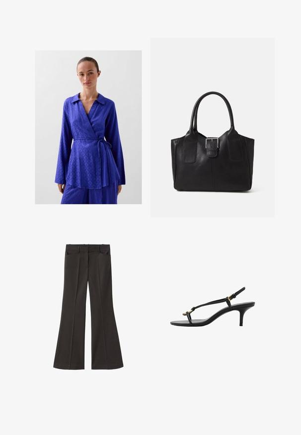 Top în nuanța vibrantă de albastru regal, cu guler, mâneci lungi și un cordon ajustabil în talie; realizat dintr-un material neted și texturat.; Pantaloni evazați negri, cu talie înaltă; au două buzunare frontale și o textură de stofă netedă. Potriviți pentru diverse ocazii.; Sandal cu toc kitten din piele neagră, cu curele subțiri, cataramă aurie și buclă minimalistă pentru degetele de la picioare, pe un fundal alb.; Geantă tote din piele neagră cu textură netedă, formă structurată, două mânere și un detaliu proeminent din aliaj de argint pe partea din față.