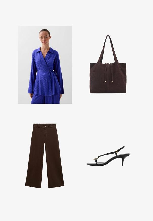 Wrap top in vibrant royal blue, featuring a collar, long sleeves, and an adjustable tie at the waist; made of a smooth, textured fabric.; Brown wide-leg trousers in cotton blend, featuring a frayed hem, front button closure, and classic five-pocket design. Minimalistic and versatile.; Black leather kitten heel sandal with thin straps, gold buckle, and minimalist toe loop on a white background.; Mango Tote bag - dark brown
