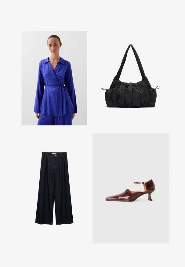 Top in levendig koninklijk blauw, met een kraag, lange mouwen en een verstelbare strik in de taille; gemaakt van een gladde, gestructureerde stof.; Donkerdenim wijde-broek met een hoge taille, voorzien van een sluiting met knoop aan de voorkant, twee zijzakken en stikdetails.; Bordeaux patentleren schoen met een spitse neus, enkelbandje en een taps toelopende hak van 5 cm. Glad van textuur en minimalistisch ontwerp.; Zwarte stoffen handtas met gerimpelde textuur, twee schouderbanden en een trekkoordsluiting aan de zijkanten. Glad, lichtgewicht materiaal.