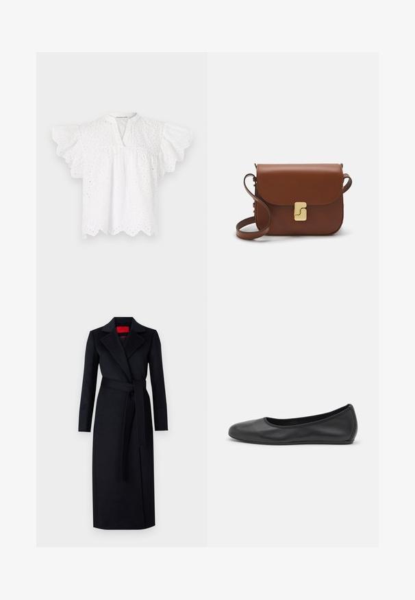 White blouse featuring a round neckline, flutter sleeves, embroidered eyelet details, and a scalloped hem. Made from lightweight fabric.; Black trench coat with long sleeves, wrap design, and matching belt. Made of smooth fabric, features a notched collar and side pockets.; Black leather ballet flat with a rounded toe, smooth texture, minimal stitching detail, and a flexible sole design.; Brown leather handbag with a flap closure, gold-tone hardware, a shoulder strap, and a smooth texture. Compact rectangular shape.