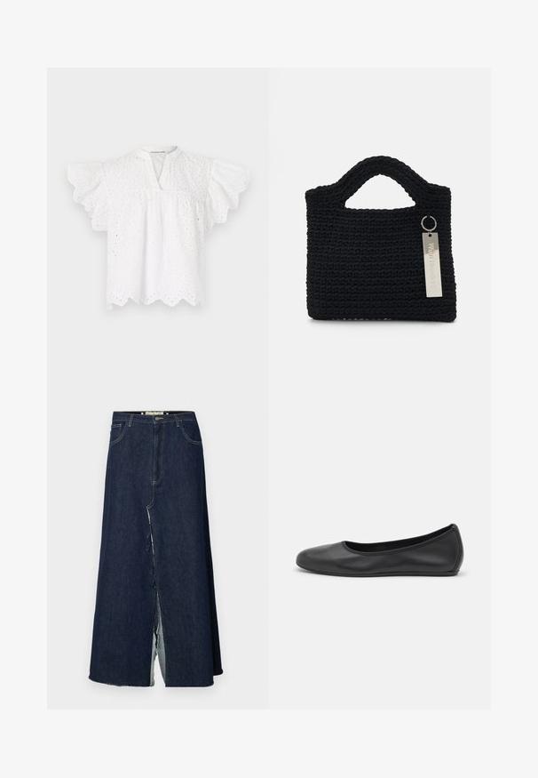 Weiße Bluse mit runder Halslinie, schwingenden Ärmeln, gestickten Spitzen-Details und einem gewellten Saum. Hergestellt aus leichtem Stoff.; Dunkelblaue Jeans-Lange mit einem vorderen Schlitz. Sie verfügt über ein traditionelles Fünf-Taschen-Design und sichtbare Nähte. Der Saum ist ausgefranst.; Schwarze Leder-Ballettschuhe mit abgerundeter Spitze, glatter Textur, minimalen Nähdetails und einem flexiblen Sohlen-Design.; Won Hundred MARSIELLE COMPUTER BAG UNISEX - Notebooktasche - black