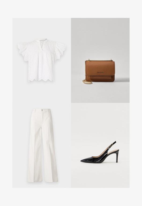 Bluză albă cu guler rotund, mâneci flutter, detalii brodate cu ochiuri și tiv ondulat. Fabricată dintr-un material ușor.; Pantaloni albi cu picioare largi, confecționați din bumbac cu o textură fină. Prezintă un buton în față, fermoar și un design cu patru buzunare.; Pantofi slingback din piele patent neagră, cu vârful ascuțit, tocul subțire și un design discret cu decupaj. Se evidențiază printr-un cataramă aurie pe curea.; Geantă crossbody din piele texturată maro, cu curea din lanț aurit și închidere cu clapetă. Partea din față prezintă detalii cu logo și o buzunar sub clapetă.