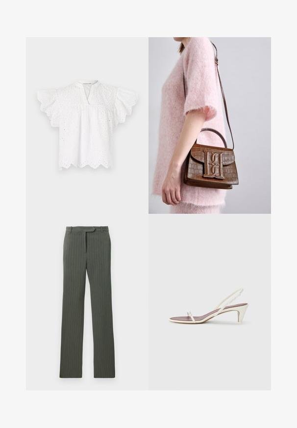 Blusa bianca con scollo rotondo, maniche a sbuffo, dettagli in pizzo ricamato e orlo scalloppato. Realizzata in tessuto leggero.; Pantaloni tailored a righe grigie scure con passanti per cintura e gamba dritta, distesi su uno sfondo bianco.; Sandali slingback bianchi con un leggero tacco, sottili cinturini e una superficie in pelle liscia; presentano una piccola fibbia decorativa.; Borsa a mano con effetto coccodrillo marrone, dotata di manico superiore e tracolla. Presenta un logo prominente sulla patta frontale. Texture morbida.