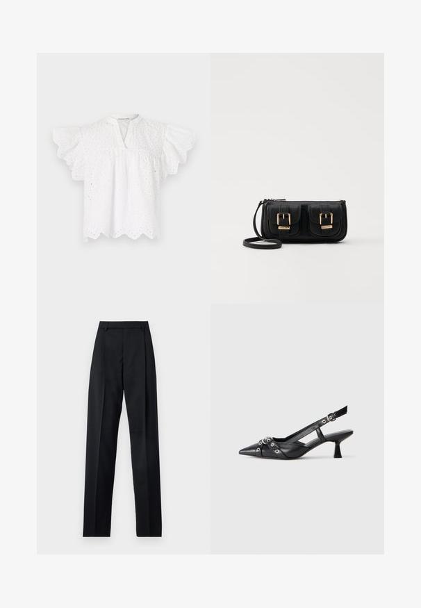 Biela blúzka s okrúhlym výstrihom, volánovými rukávmi, výšivkou a vlnitým lemom. Vyrobená z ľahkej tkaniny.; Čierne nohavice vyrobené z hladkej látky s vysokým pásom, širokými nohavicami, prednými záhybmi a klasickými pútkami na opasok. Žiadne bočné vrecká nie sú viditeľné.; Čierne kožené slingback topánky s špicatou špičkou, ozdobnými popruhmi s kovovými očkami a nízkym blokovým podpätkom. Textúrovaný povrch.; Čierna kožená crossbody taška s dvoma prednými vreckami, zlatými sponami, zipsovým uzatváraním a úzkym popruhom. Štruktúrovaný povrch a kompaktný obdĺžnikový tvar.