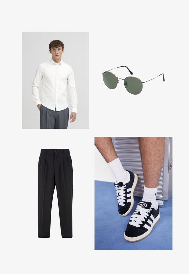 Bílá košile na knoflíky s dlouhými rukávy, vyrobená z hladké látky. Má klasický límec a štíhlý střih, v kombinaci se šedými proužkovanými kalhotami.; Černé kalhoty s plisovaným předním designem, vyrobené z hladké tkaniny. Obsahují zapínání na knoflík a poutka na opasek; rovný střih.; Černé semišové tenisky s bílými tkaničkami a třemi bílými pruhy. Mají kulatou černou logo na jazyku a gumovou podrážku.; Sluneční brýle s kovovým rámem a oválnými zelenými skly. Tenký stříbrný kovový rám a černé chrániče uší. Minimalistický design, žádné viditelné logo.