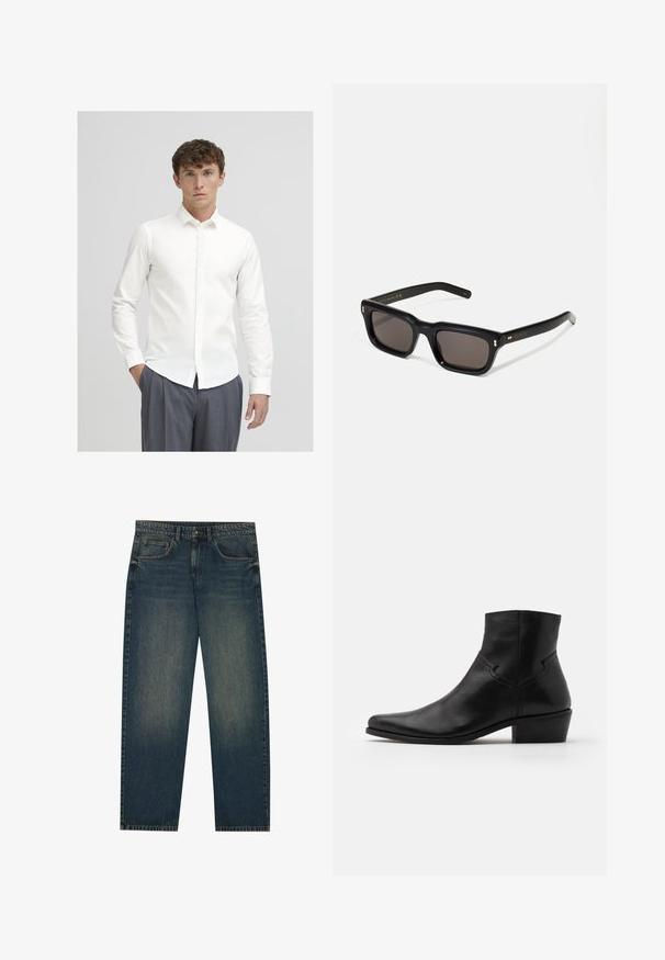 Bijela košulja s dugim rukavima, izrađena od glatkog materijala. Ima klasični ovratnik i uski kroj, uparen s hlačama s sivim prugicama.; Tamno plavi traperice s ravnim krojem, dizajnom od pet džepova i blagim izbljeđenjem na nogama. Pogodne za ležernu odjeću.; Crne kožne čizmice do gležnja s šiljastim vrhom, minimalnim šavovima, blok petom srednje visine i glatkom, poliranom završnom obradom.; Crne pravokutne sunčane naočale s tamnim lećama, debelim plastičnim okvirom, zlatnim akcentima na sljepoočnicama i logotipom marke ugraviranim na dršku.