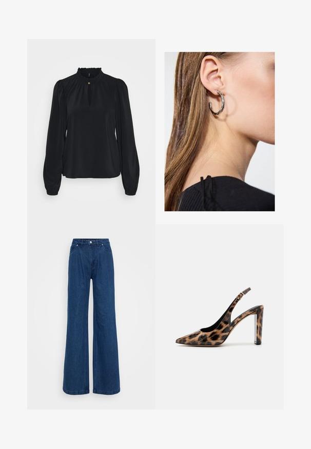 Mustast pehmest kangast blouse, kõrge ruffle-kaelusega, ees väikese aukuga ja pikkade puff-sleeve'idega, mis on kitsaste mansettidega.; Hallise jalgadega sinised denim püksid kõrge vöökohaga, ees nupuga ja tõmbluku sulguri ning ees ja taga taskutega, lihtsa tausta ees.; Leopardimustriga saadaval sanga pump kõrge kontsaga, millel on terav varvas ja läbipaistev plokktald. Valmistatud läikivast materjalist, millel on sile tekstuur.; Hõbedane rõngas kõrvarõngas poleeritud viimistlusega, millel on väikesed kuldsed aktsendid ja ümmargune kuju, kantud lobus.