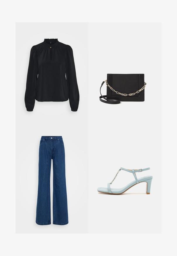 Musta paita, joka on valmistettu pehmeästä kankaasta, korkealla röyhelökauluksella, avauksella edessä sekä pitkillä puffihihansuilla, joissa on tiukat hihansuut.; Laivansiniset leveälahkeiset farkut korkealla vyötäröllä, edessä napit ja vetoketju, sekä etu- ja takataskut tasaisella taustalla.; Vaaleansininen nilkkaremmin korkokenkä neliönmuotoisella varvastyylillä, jossa on metallinen yksityiskohta ja tyylikäs, sileä nahkatunne.; Musta nahkainen olkalaukku, jossa on sileä pinta, suorakulmainen muoto ja metalliketju yksityiskohtana edessä. Mukana säädettävä hihna.