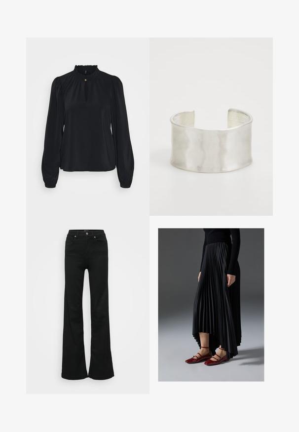 Black blouse made from soft fabric with a high ruffled neckline, a keyhole opening at the front, and long puffed sleeves with fitted cuffs.; Black flared jeans made from denim, featuring a high waist, five pockets, and metal button closure. Smooth texture with minimal detailing.; Black pleated skirt with a high-low hem, paired with glossy red flats featuring a strap design. The fabric has a smooth texture.; Zign Bracelet - silver-coloured
