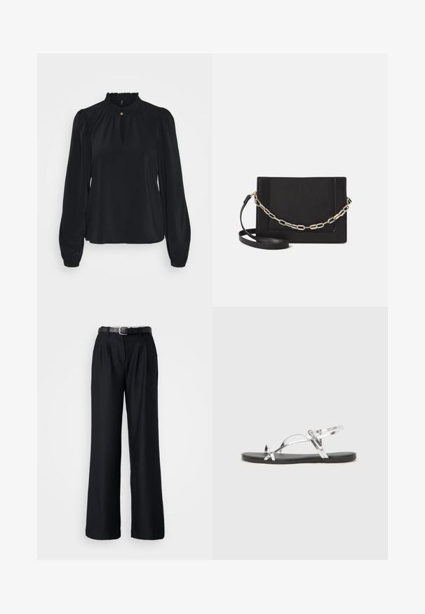 Čierna blúzka vyrobená z jemnej tkaniny s vysokým volánovým výstrihom, s kľúčovou dierkou vpredu a dlhými nadýchanými rukávmi so priliehajúcimi manžetami.; Čierne široké nohavice vyrobené z hladkej látky, s prednými záhybmi a zodpovedajúcim čiernym opaskom so striebornou prackou.; Strieborné metalické sandále s minimálnym dizajnom, s tenkými popruhmi a čiernou plochou podrážkou. Zaujímavé sú akcenty krížových popruhov.; Čierna kožená crossbody taška s hladkou textúrou, obdĺžnikovým tvarom a kovovým reťazovým detailom na prednej strane. Súčasťou je nastaviteľný popruh.