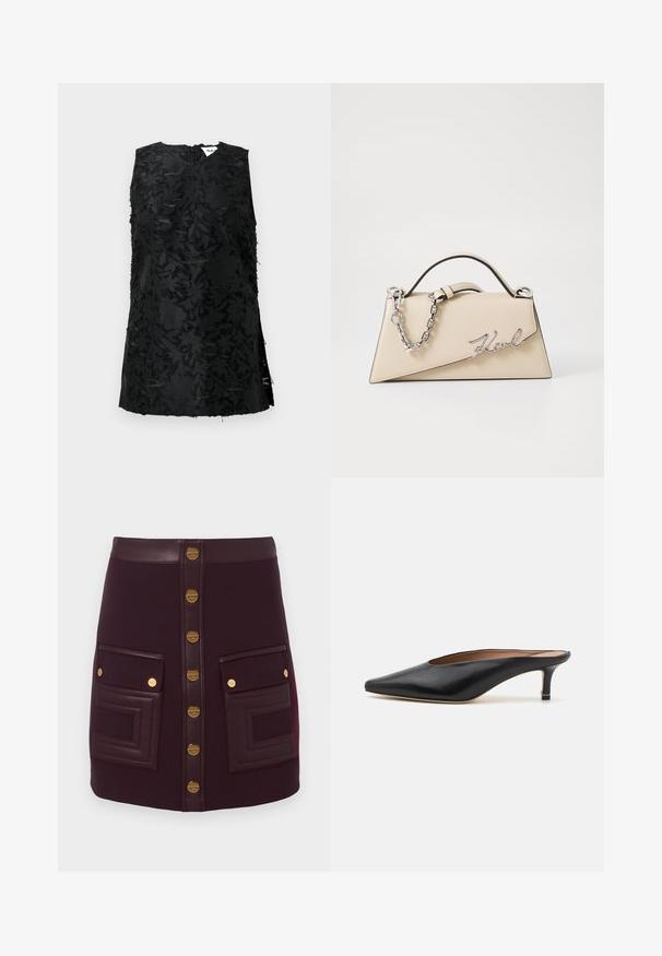 DAY Birger et Mikkelsen ASH REFINED STRUCTURE - Top - black; Mørk lilla mini nederdel med frontguldknapper, læderliv, og to store forlommer med læderkant og detaljer med guldknapper.; Sorte lædermules med spidse tæer og lav, firkantet hæl. Glat tekstur med et slankt design. Åben bag med minimal udsmykning.; Beige læderhåndtaske med en struktureret, trekantet form, der har et sølvfarvet kædehåndtag og et kursivlogo i metal.