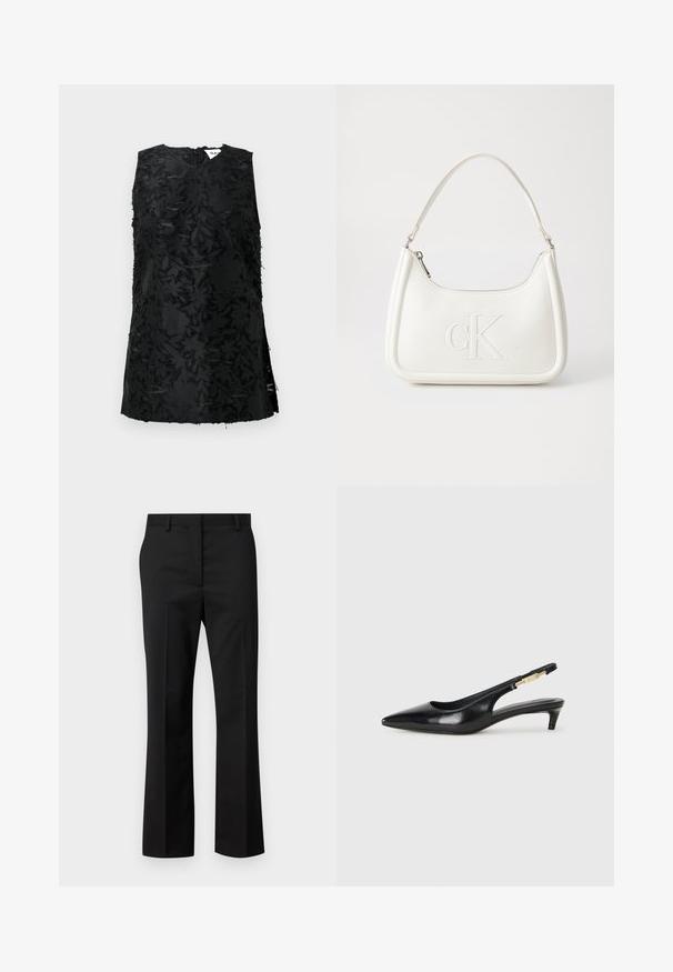 Melnas bez piedurknēm augšdaļa ar teksturētu ziedu rakstu, ar V veida kakla izgriezumu un sānu šķēlumiem. Izgatavots no auduma ar vieglu spīdumu. Aizdare ar rāvējslēdzēju aizmugurē.; Melnas pielāgotas bikses ar taisnu kāju dizainu. Izgatavotas no gludas auduma, ar plakanu priekšu un standarta jostasvietu ar jostu cilpām.; Melnas ādas slingback zābaki ar smailu purngalu, ar šauru papēdi un zelta krāsas akcentu uz regulējama siksniņas. Gluda tekstūra.; Balta ādas rokassoma ar noapaļotu formu, uz kuras priekšpuses ir izgriezts "CK" logo un viena plecu siksna. Augšā aizverama ar rāvējslēdzēju.