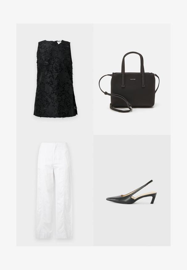 Top senza maniche nero con motivo floreale testurizzato, dotato di scollatura a V e spacchi laterali. Realizzato in tessuto con una leggera lucentezza. Chiusura con zip sul retro.; Pantaloni bianchi a gamba larga realizzati in tessuto leggero, con una texture liscia, linee pulite e un design a vita alta.; Scarpa slingback nera con punta affilata e tacco basso, realizzata in pelle liscia e con un design a taglio laterale per favorire la traspirabilità.; Borsa nera con doppi manici corti e tracolla removibile. Materiale simile alla pelle liscia con chiusura a zip e dettaglio del logo.