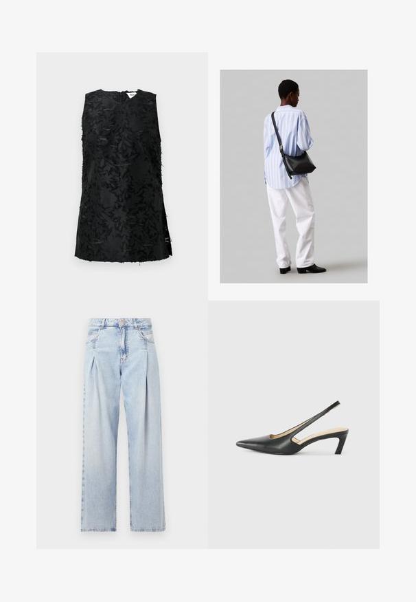 Juodas beanies rankovių viršus su tekstūruotu gėlių raštu, turi V formos kaklą ir šoninius įpjovimus. Pagamintas iš audinio su lengvu blizgesiu. Uždarymas užtrauktuku gale.; Šviesiai mėlyni džinsai su aukštu liemeniu, plačiomis kojomis, dviem šoninėmis kišenėmis ir raukinių dizainu. Minkšta tekstūra su nudilusia apdaila.; Juodas smailus slingback batelis su žemu kulnu, pagamintas iš lygaus odos paviršiaus ir su išpjovomis šone, užtikrinančiomis oro pralaidumą.; Juodas odinis petinis krepšys su minkšta tekstūra, trikampiu pavidalu ir reguliuojama juosta, derinamas su šviesiai mėlynu dryžuotu marškinėliu ir baltais džinsais.