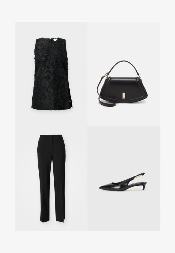 Top noir sans manches avec un motif floral texturé, doté d'un décolleté en V et de fentes sur les côtés. Fabriqué dans un tissu légèrement brillant. Fermeture à glissière au dos.; Pantalon noir ajusté avec une coupe droite, présentant une texture lisse et des plis nets sur le devant. Aucune quincaillerie visible.; Talons hauts en cuir noir avec un bout pointu, dotés d'un talon fin et d'un accent en ton or sur la lanière réglable. Texture lisse.; Sac à main en cuir noir avec un design structuré, featuring une forme cropped, une poignée supérieure et des accents en matériel doré. Bandoulière réglable incluse.
