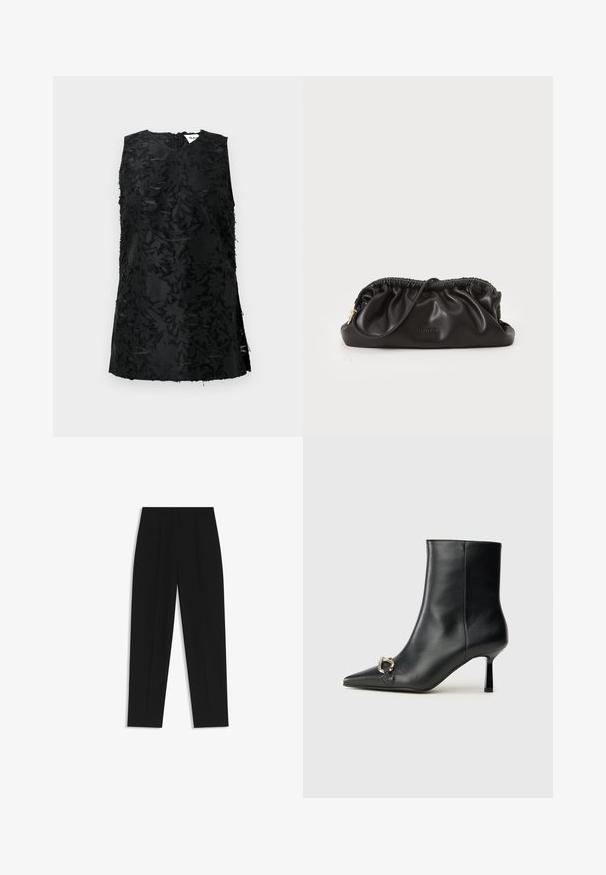 Svart ärmlös topp med texturerat blommönster, med V-ringning och sidopenningar. Tillverkad av ett tyg med en lätt lyster. Dragkedjeslutning i ryggen.; Svarta byxor med rak passform, med dubbla fickor, en slät yta och en klassisk midje-design. Ingen synlig hårdvara eller detaljer.; Svart läderankelboot med spetsig tå, smal medelhög klack och silverfärgad spänndetalj på sidan mot en enfärgad bakgrund.; Svart läderclutch med rynkat lock, dragkedjestängning och detaljer i guld. Slät yta med präglad logotyp.