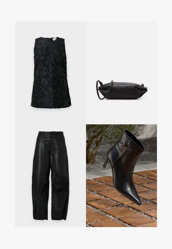 Black sleeveless top with textured floral pattern, featuring a V-neck and side slits. Made of fabric with a slight sheen. Zipper closure at back.; Black leather pants with a loose fit, featuring a straight leg design, front pockets, and visible stitching details.; Black leather ankle boot with pointed toe and small heel. Features a gold chain accent on the ankle. Surrounded by a textured stone surface.; Black leather clutch bag with a rectangular shape, smooth texture, thin shoulder strap, and minimalistic design.