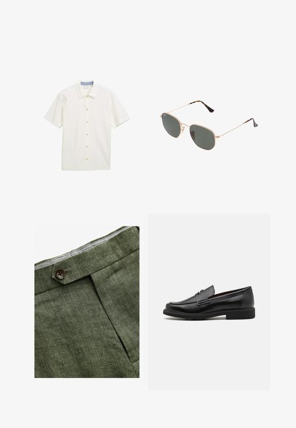 Cămașă cu mânecă scurtă, cu nasturi, dintr-un material alb cu un model texturat, având un guler ascuțit și cinci nasturi bej pe față.; Pantaloni din in de culoare verde măslin, cu pliu frontal, dotati cu închidere cu nasture și căptușeală cu un model în carouri contrastant la talie.; Mocasini negri din material sintetic, cu un vârf cusut proeminent, interior căptușit și talpă plată din cauciuc; design elegant cu detalii minime.; Ochelari de soare cu ramă din metal auriu și lentile de culoare verde închis, stil aviator, cu brațe subțiri și accente din fâscă pe vârfuri.