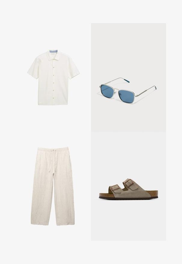 Košeľa s krátkym rukávom v bielej farbe s textúrovanou štruktúrou, s výstrihom v tvare motýlika a piatimi béžovými gombíkmi na prednej strane.; Ľanové nohavice v svetlej béžovej farbe, s elastickým pásom na šnúrku, širokým strihom a bočnými vreckami. Hladká textúra.; Semišové sklzové sandále svetlosivej farby s dvoma nastaviteľnými prackami, korkovou strednou podrážkou a textúrovanou gumovou podrážkou.; Slnečné okuliare so strieborným kovovým rámom, obdĺžnikovými modrými sklami a tenkými nožičkami. Obsahujú modré akcenty na koncoch spánkov.