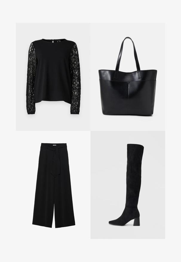 Black top featuring a solid bodice and long sleeves made of intricate black lace, with a round neckline and back keyhole opening.; Black wide-leg pants featuring a textured fabric, an elastic waistband, and a detachable sash tie at the waist for adjustable fit.; Black suede knee-high boot with block heel, pointed toe, and smooth, seamless design on a plain light background.; Black leather tote bag with two long handles, a smooth texture, and a structured shape. Features a front pocket for additional storage.
