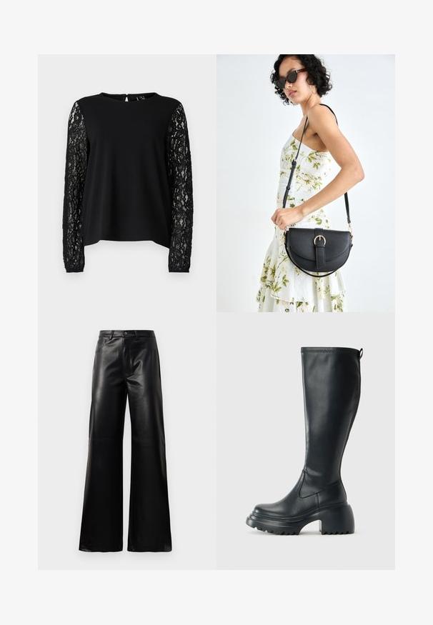 Blusa preta com um corpete liso e mangas longas feitas de intrincada renda preta, com decote redondo e abertura em forma de chave nas costas.; Calças largas de imitação de couro pretas, de cintura alta, com botão frontal, fecho de correr, passadores de cinto e bolsos laterais sobre fundo branco.; Bota preta de couro alta com sola de plataforma robusta e salto bloco, apresentando puxador e padrão texturizado na sola.; Bolsa de couro preta com forma curva, alça destacável e detalhes em dourado. A bolsa possui uma aba com detalhe de fivela.