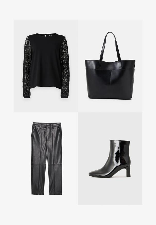 Črna majica z enotnim ročajem in dolgimi rokavi iz zapletene črne čipke, s krožnim izrezom in odprtino na hrbtni strani.; Črne usnjene hlače z gladko teksturo, z ravnim krojem, dvema sprednjima žeparjema in vidnimi šivi.; Črne lakirane gležnjarje z ošiljenim nosom in srednje visokim blokastim peto. Gladka tekstura in minimalističen dizajn.; Črna usnjena torba z dvema dolgima ročajema, gladko teksturo in strukturirano obliko. Ima sprednji žep za dodatno shranjevanje.