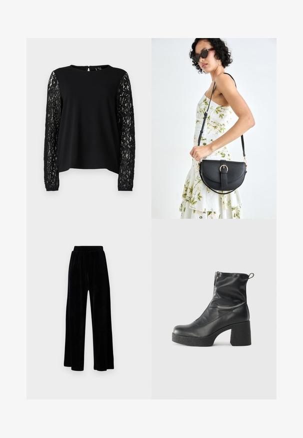 Musthave Kleid, mille must kaunistamisega. Kleidi kõrgus ulatub vööst allapoole. Samuti on see kaunilt vooderdatud.; Mustad laiad püksid, mis on valmistatud pehmest sametist, elastse vöökoha ja siledaga, ilma nähtavate detailide või mustriteta.; Mustad mustad ansapüksid, mis on valmistatud siledast nahast, külje zipperiga, paksu tekstuuriga kontsaga ja ümmarguse nina disainiga.; Mustmust mustraha kõverate joontega, eemaldatava rihmaga ja kuldsete detailidega. Kotil on klapp, millel on pandladetail.