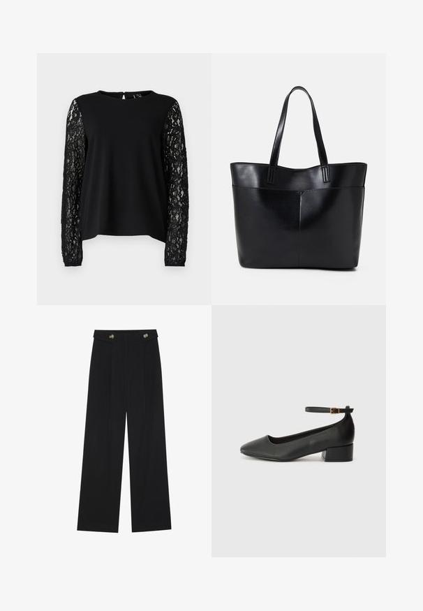 Zwarte top met een stevige lijfje en lange mouwen van ingewikkeld zwart kant, met een ronde halslijn en een opening met sleutelgat aan de achterkant.; Zwarte wijde broek met hoge taille, knoopdetails op de tailleband en plooien aan de voorkant.; Zwarte leren pump met een spitse neus en een lage blokhak. Beschikt over een enkelband met een goudkleurige gespsluiting. Gladde textuur.; Zwarte leren tote bag met twee lange handvatten, een zachte textuur en een gestructureerde vorm. Voorzien van een voorvak voor extra opslagruimte.