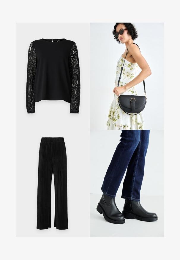 Juodas marškinių viršus su tvirtu liemeniu ir ilgomis rankovėmis, pagamintas iš sudėtingos juodos nėriniai, su apvaliu kaklu ir atvira nugara su rakto skylute.; Juodi plisuoti kelnės su elastine juosta. Turėkite plačias kojas ir glotnų, tekstūrinį audinį su vertikaliais dryžiais.; Juoda odinė kulkšninių botų su storu padu ir šoninėmis elastinėmis detalėmis, derinama su tamsiai mėlynomis džinsais. Žemė šviesios spalvos.; Juodas odinis krepšys su išlenkta forma, nuimamu dirželiu ir auksiniais detalėmis. Krepšys turi kilpą su sagtimi.