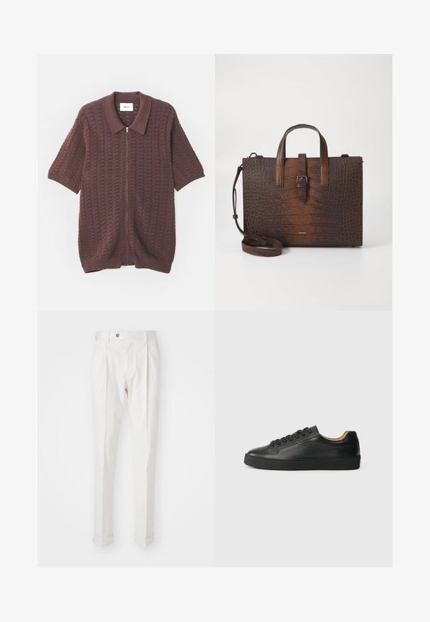 Camicia a zip a maniche corte color bordeaux in maglia con un motivo ondulato testurizzato e colletto aperto, caratterizzata da polsini e orlo a costine.; Pantaloni bianchi su misura con frontale liscio, due plissettature e risvolti. Realizzati in un tessuto morbido con chiusura a bottone in vita.; Sneaker in pelle nera a collo basso con superficie texturizzata, lacci neri e suola in gomma spessa, mostrato di lato su uno sfondo chiaro.; Borsa in pelle marrone con stampa coccodrillo, dotata di manici superiori e tracolla removibile. Caratterizzata da una chiusura a fibbia e forma rettangolare.