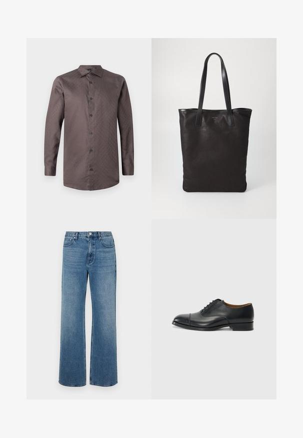 Cămașă marron cu mâneci lungi, cu nasturi, cu un model subtil. Are un guler standard și nasturi negri, fiind confecționată dintr-un material neted.; Jeans cu picioare largi din denim, cu un finisaj decolorat. Au cinci buzunare, închidere cu buton frontale și un croi drept.; Pantof de piele neagră, cu un finisaj neted, vârful rotunjit, cinci găuri pentru sireturi și toc mic pătrat. Design minimalist cu cusături subtile.; Geantă de umăr din pânză neagră cu mânere din piele neagră. Design simplu, corp spațios și textură netedă. Fără logo-uri sau modele vizibile.