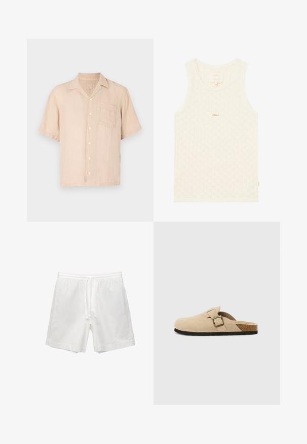 Chemise en lin beige clair à manches courtes, avec un col pointu, une fermeture à boutons et une poche poitrine. Texture lisse et coupe décontractée.; Débardeur de couleur crème avec une texture côtelée et de petits motifs en forme de diamant. Il a un encolure arrondie et un logo doré discret.; Shorts en coton blanc avec une taille élastique à cordon de serrage, des poches latérales, et une coupe droite avec des ourlets finis.; Sabots en suède beige à enfiler, avec une semelle en liège, un bout arrondi et une bride simple dotée d'une boucle dorée. Semelle en caoutchouc pour une meilleure adhérence.