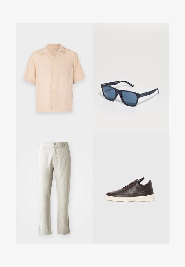Šviesiai smėlio spalvos lino marškiniai trumpomis rankovėmis su smailiu apykakle, mygtukų priekyje ir krūtinės kišenėle. Glotnus audinys ir laisvas kirpimas.; Šviesiai smėlinės lino kelnės su tiesiu kirpimu, subtilia tekstūra, priekyje esančia mygtukų uždarymo sistema ir dviem šoniniais kišenėmis. Sukurtos švariam siluetui.; Tamsiai rudas tekstūruotas odinis sportbačius su raišteliais ir baltu grioveliu ant gumos pado, pateiktas ant šviesaus fono.; Mėlynos stačiakampės saulės akinių su tamsiais objektyvais, matinio jūros gylio rėmu, su logotipo detalėmis ant šventyklos, tiesiomis šakėmis ir vientisa, lygi tekstūra.