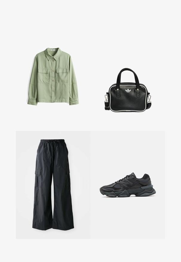 Camicia verde con bottoni realizzata in tessuto morbido, dotata di colletto, due tasche frontali e maniche lunghe con dettagli ai polsini.; Pantaloni cargo neri realizzati in tessuto leggero, con un design a gamba larga, vita elastica e più tasche laterali. Semplici e funzionali.; Scarpa da corsa nera con una combinazione di materiali in rete e sintetici, suola spessa, design curvo e marchio ben visibile sul lato.; Borsa a mano in pelle nera con due manici corti, hardware argentato, dettagli bianchi e un logo bianco. Presenta una superficie strutturata e un design compatto.