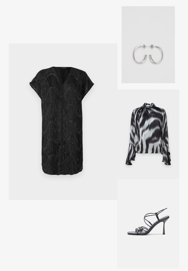 Black and gray blouse in a smooth, silky fabric. Features a high neck and flared sleeves with a wavy tie-dye pattern throughout.; Black dress with a V-neck and cap sleeves, featuring a textured design of shimmering vertical fringe in wavy patterns.; Black high-heeled sandals feature thin straps with a knotted design, a smooth square toe, and a sleek stiletto heel.; Light gray metallic handbag featuring a chain strap, embellished with small circular metallic studs and a triangular brand logo.; Silver hoop earrings with a smooth, shiny finish. Rounded shape, lightweight design, featuring a post-back closure.