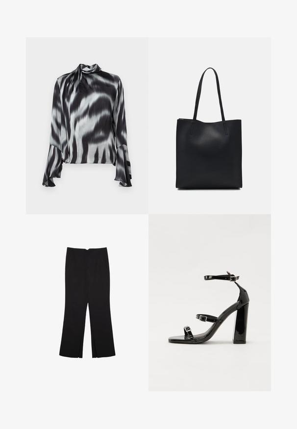 Schwarze und graue Bluse aus glattem, seidigem Stoff. Mit hohem Kragen und ausgestellten Ärmeln, die ein wellenförmiges Batikmuster aufweisen.; Schwarze Hose mit geradem Schnitt, ausgestattet mit Fronttaschen und Seitenschlitzen am Saum. Hergestellt aus weichem, glattem Stoff. Geeignet für verschiedene Anlässe.; Schwarze patentierte Sandalen mit Absatz, quadratischer Spitze, Knöchelriemen und silbernen Schnallen. Mit einem stabilen Blockabsatz für mehr Stabilität.; Schwarze Laptoptasche aus Leder mit glatter Textur, rechteckiger Form und zwei langen Griffen. Keine sichtbaren Beschläge oder Verzierungen.