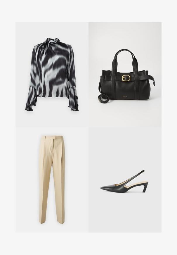 Blouse noire et grise en tissu lisse et soyeux. Présente un col montant et des manches évasées avec un motif tie-dye ondulé sur l'ensemble.; Pantalons beiges ajustés avec une coupe droite, dotés de plis, d'une ceinture et d'une texture lisse. Pas de poches visibles ni d'ornements.; Slingback noir à bout pointu avec un petit talon, en cuir lisse et doté d'un design découpé sur le côté pour plus de respirabilité.; Sac à main en cuir noir présentant un design structuré, deux poignées supérieures, un accent de boucle en ton doré et un logo de la marque en relief à l'avant.