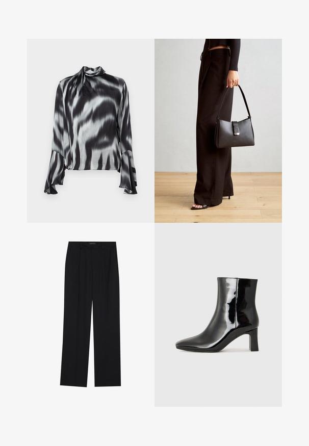 Fekete és szürke blúz sima, selymes anyagból. Magas nyakú, és bővülő ujjakkal rendelkezik, hullámos batikolt mintázattal az egész felületen.; Fekete nadrág egyenes szárú kialakítással, két első zsebbel és derékrésszel. Simának és könnyű anyagból készült.; Fekete lakk bőrcipő bokáig érő, hegyes orral és közepes magasságú tömbsarokkal. Simább textúrával és minimalista dizájnnal rendelkezik.; Fekete kézi táska strukturált formával, sima textúrával és fémből készült záródással. Széles fekete nadrággal és nyitott orrú szandállal párosítva, fából készült padlón.