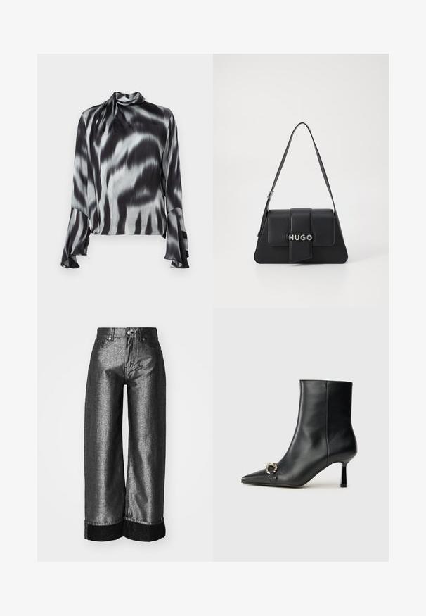 Černá a šedá blůza z hladkého, hedvábného materiálu. Má vysoký límec a rozšířené rukávy s vlnkovaným tie-dye vzorem po celé ploše.; Džínsy s širokými nohavicemi v kovově tmavě šedém denimovém materiálu s hladkým povrchem. Mají černý denimový manžet a standardní zapínání na knoflík s poutky na pásek.; Černá kožená kotníková bota s špičatou špičkou, úzkým středně vysokým podpatkem a stříbrnou sponou na straně, na jednobarevném pozadí.; Černá kožená kabelka trojúhelníkového tvaru, s přední klopou, stříbrným kováním a embossovaným logem "HUGO". Jediný popruh na rameno.