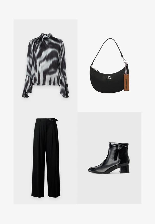 Zwarte en grijze blouse van een glad, zijden stof. Heeft een hoge hals en uitlopende mouwen met een golvend tie-dye patroon.; Zwarte wijde broek met hoge taille, plooien aan de voorkant en een riem met een gesp. Gemaakt van glad, lichtgewicht stof.; KARL LAGERFELD BONNIE - Lage laarzen - black; Zwarte leren handtas met een steentjesstructuur, gebogen vorm, bovenste ritsluiting, zilverkleurige hardware en een bruine label. Bevat een logo-accent.