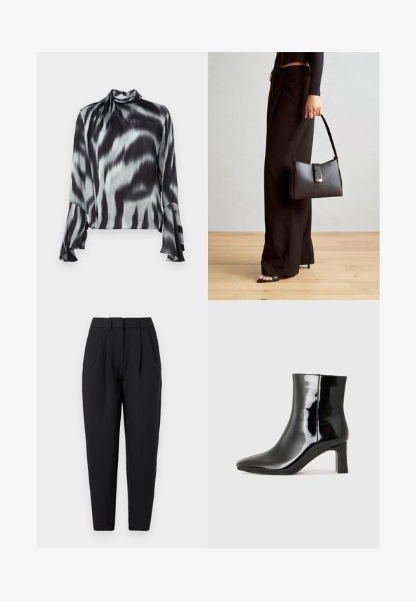 Schwarze und graue Bluse aus glattem, seidigem Stoff. Mit hohem Kragen und ausgestellten Ärmeln, die ein wellenförmiges Batikmuster aufweisen.; Schwarze Hose mit geradem Schnitt, die auf der Vorderseite Falten hat, eine glatte Textur und seitliche Taschen bietet. Der Bund hat eine Standardhöhe.; Schwarzer Lackleder-Stiefelette mit spitzer Zehe und einem mittelhohen Blockabsatz. Glatte Textur und minimalistisches Design.; Schwarze Handtasche mit strukturierter Form, glatter Textur und einem metallischen Verschluss. Kombiniert mit weiten schwarzen Hosen und offenen Sandalen auf einem Holzboden.