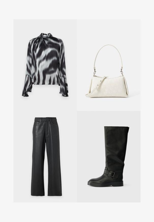 Juoda ir pilka bliuskelė iš lygaus, šilko tipo audinio. Su aukštu kaklu ir išsiplėtimais rankovėmis, dekoruota banginiu tinkleliu.; Juodos plačios kojos kelnes, pagamintas iš blizgaus audinio. Su mygtukų užsegimu, diržo kilpomis ir priekinėmis kišenėmis su lygiu paviršiumi.; Juodi iki kelių batai, pagaminti iš lygaus odos, su apvalia nosimi, storu padu ir horizontalia juosta su stačiakampiu sagties akcentu.; Balta rankinė su lygiu paviršiumi, kreiva siluetu ir reguliuojama petine juosta. Pasižymi subtiliu logotipų raštu ir sidabrinėmis detalėmis.