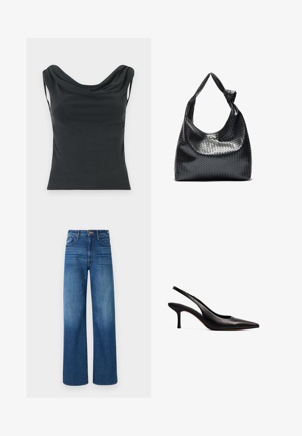 Mustaton hihaton toppi, jossa on roikkuva kaula-aukko ja tiukka siluetti. Valmistettu sileästä kankaasta, joka on pehmeä kosketukseltaan.; Mother THE LASSO SNEAK - Relaxed fit -farkut - dark blue denim; NA-KD Avokkaat - black; Musta kudottu nahkabag, jossa on rento muotoilu, ja jossa on solmittu hihna sekä pieni koristeellinen kultatappi ylhäällä.