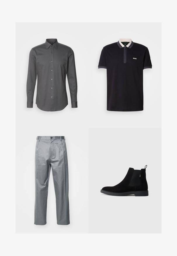 Manns langermet skjorte i mørkegrå, laget av strukturert stoff, med knapper i front og klassisk krage. Glatt finish, moderne passform.; Svart polo skjorte laget av bomull med glidelås krage. Har en kontrasterende hvit og grå kragekant. "BOSS"-logo på venstre side.; Grå bomullsmiks bukser med rett ben-design, som har knappelukking foran, beltehemper og sidelommer.; Sorte semskede Chelsea-støvler med elastiske sidelapper, rund tå og lav gummisål. Har en hælflap bagpå for nem påtagning.