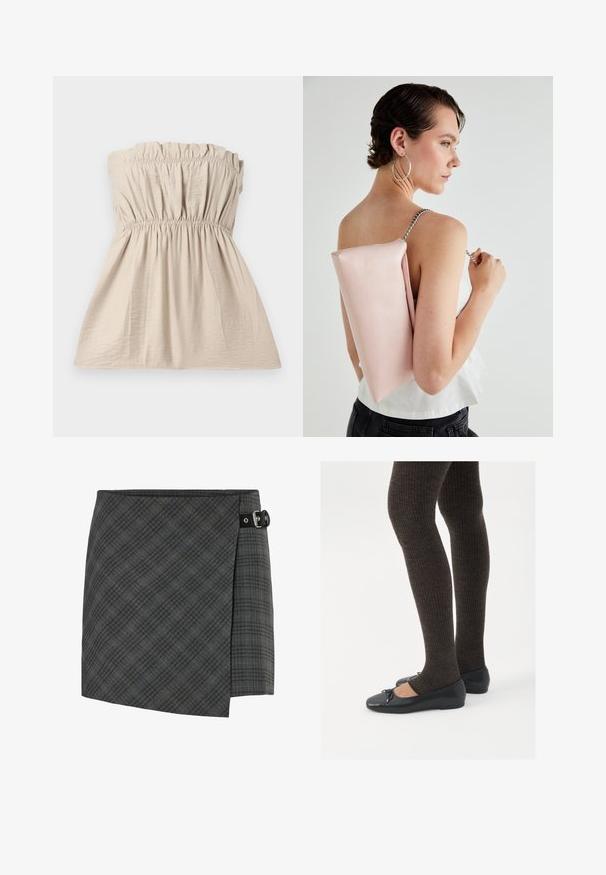 Brezramni bež top z nabranim vzorcem, elastičnim pasom na vrhu in v pasu ter ohlapno silhueto. Lahka tkanina z subtilnim leskom.; Temno siva karo tava volnena krila z black sponka na desni strani, ravno rob, in subtilni diagonalni vzorec.; Črne ravne čevlje z majhnim lokom na prstih, v kombinaciji s temno rjavimi rebrastimi nogavicami. Čevlji imajo gladko teksturo in nizko obliko.; Roza usnjena torbica pravokotne oblike, srebrna verižica, gladka tekstura, nošena na hrbtu. Preprost dizajn brez vidnih vzorcev.